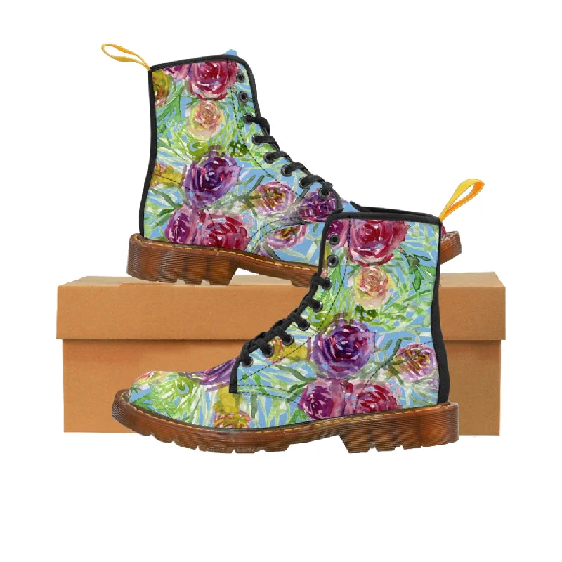 Boots with matte finish-Blue Yellow Rose Women's Boots, Floral Print Designer Premium Ladies' Laced-up Boots For Ladies