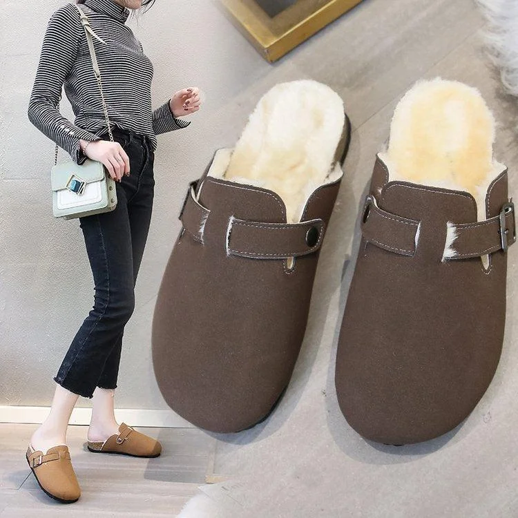 cozy wool slippers women-Round Head Comfortable Casual Flat Bottom Plus Fluffy  Lazy Half Slippers Female Trend