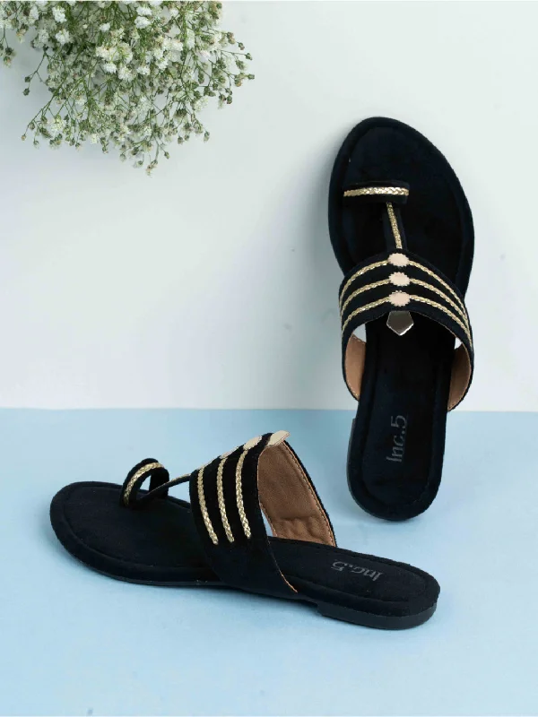 flats with secure entry-Womens Black Ethnic Embellished Open Toe Slip-On Flats