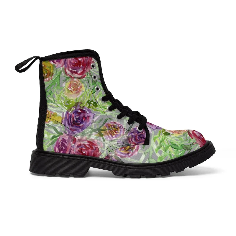 Boots with chic heels-Grey Yellow Floral Women's Boots, Rose Flower Print Girlie Elegant Cute Hiking Combat Boots