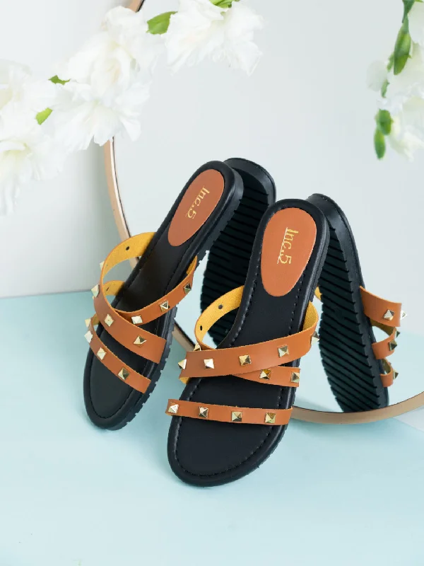 budget flats with style-Womens Tan Casual Strappy Open Toe Flats