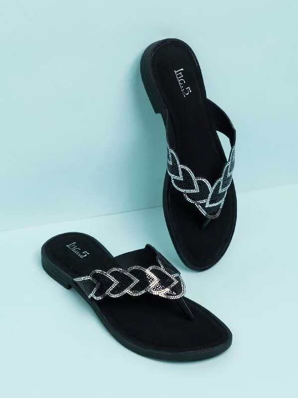 luxury flats with parking-Women Black & Silver-Toned One Toe Flats