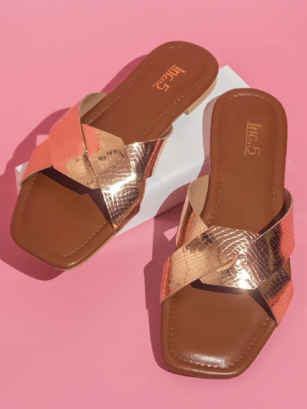 affordable flats with views-Women Rose Gold Embellished Open Toe Flats