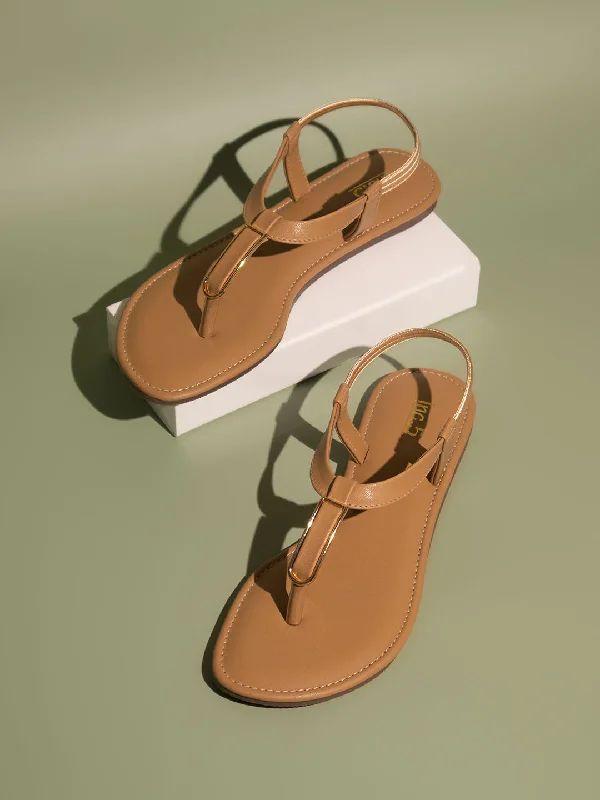 budget flats near stations-Women Beige T-Strap Flats with Buckles