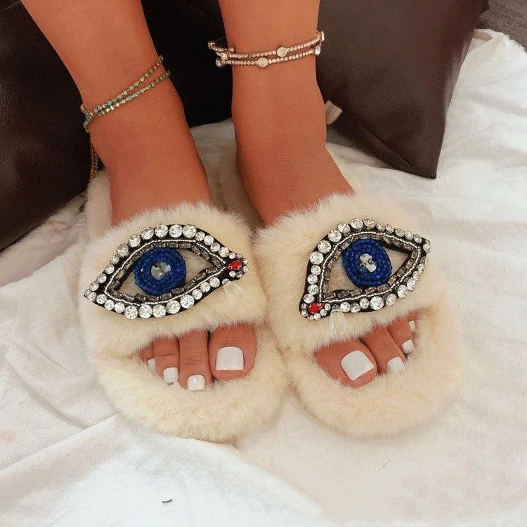 beige slippers with arch-Faux Fur Velvet Slippers Demon Eye