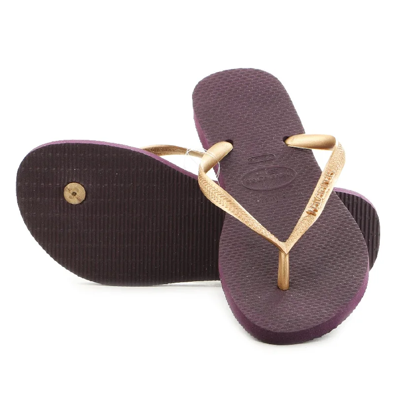 cozy sandals with padding-Havaianas Slim Logo Matallic Thong Flip Flop Sandal - Aubergine - Womens