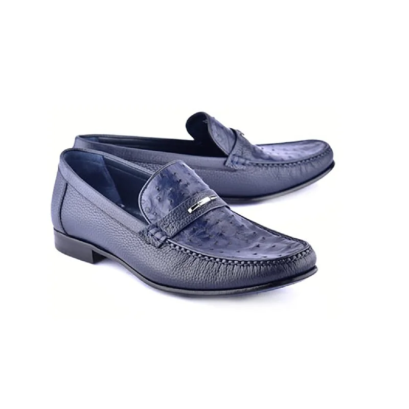 Loafers with open meshCorrente C0014051-3898Ost Men's Shoes Navy Exotic Ostrich / Deer-Skin Moccasin Loafers (CRT1473)