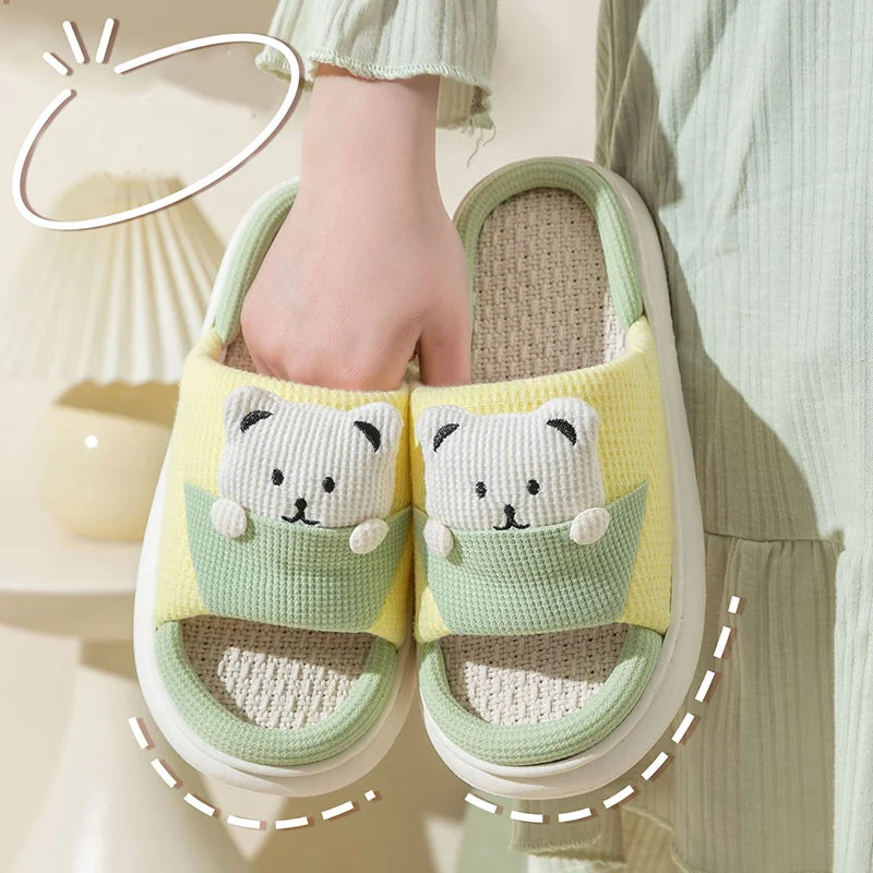 red slippers for edge-Cute Cartoon Bear Slippers Spring And Autumn Fashion Thick-soled  Mute Linen Slipper Women's House Shoes