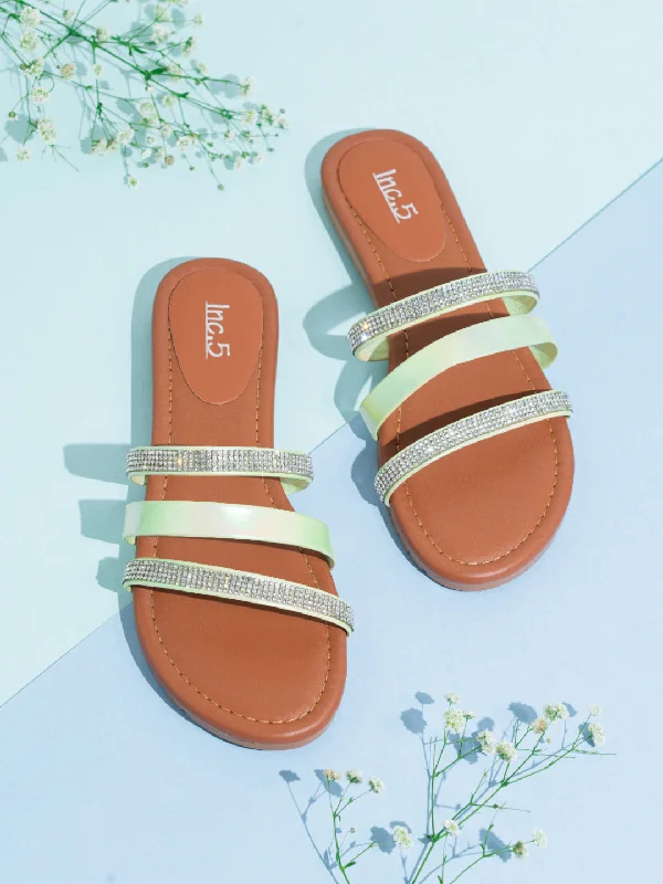 affordable flats with patios-Womens Green Casual Strappy Open Toe Flats