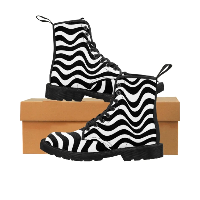 Boots in ruby-Black White Waves Women's Boots, Best Abstract Wavy Print Premium Boot Shoes For Ladies