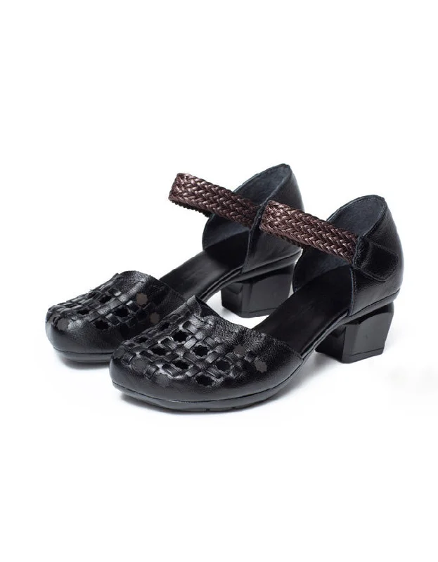 new sandals with support-Handmade Retro Leather Woven Chunky Heel Sandals