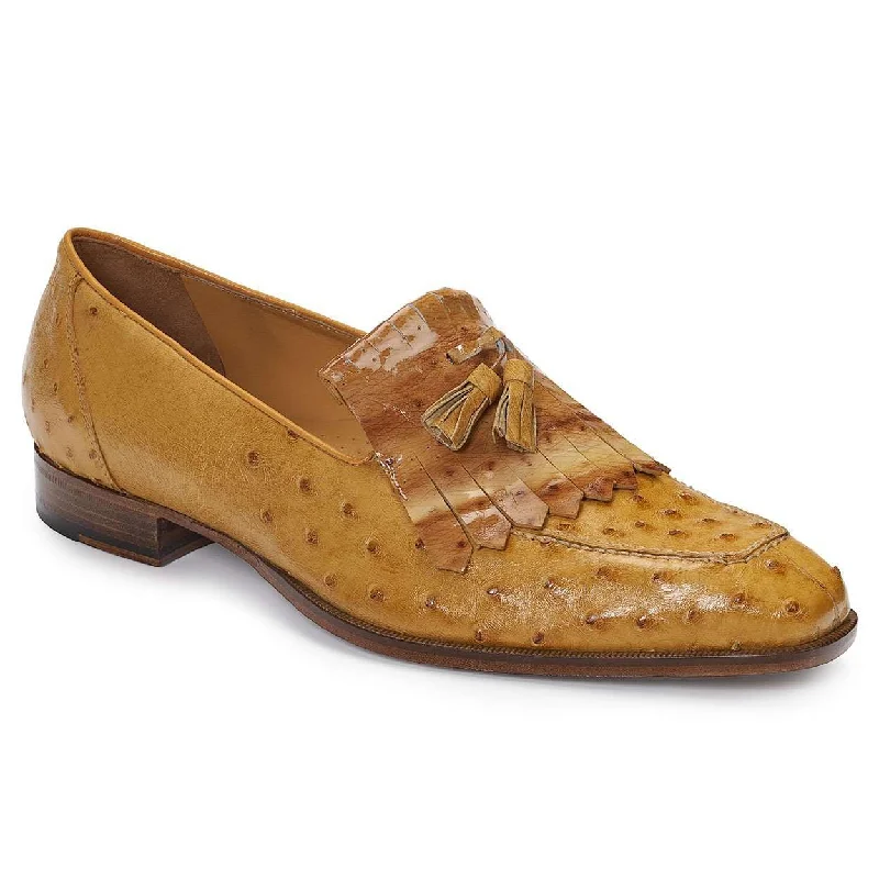 Loafers for summer eveningsMauri Designer Shoes Exotic Skin Men's Ostrich & Ostrich Patent Camel Loafers 4881 (MA4914)