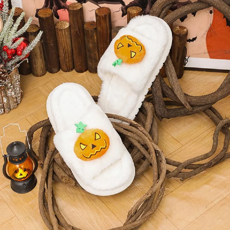 green wool slippers men-Faux Fur Open Toe Jack-O'- Lantern Slippers