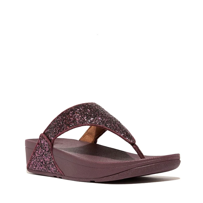 sandals with flexible fit-FitFlop Women's Lulu Glitter Toe-Post Sandals Wedge, Metallic Mauve Wine