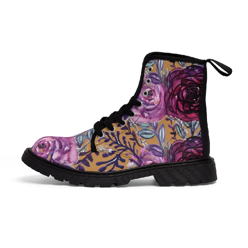 Boots in pale coral-Brown Purple Floral Women's Boots, Flower Print Vintage Style Combat Hiking Boots For Ladies