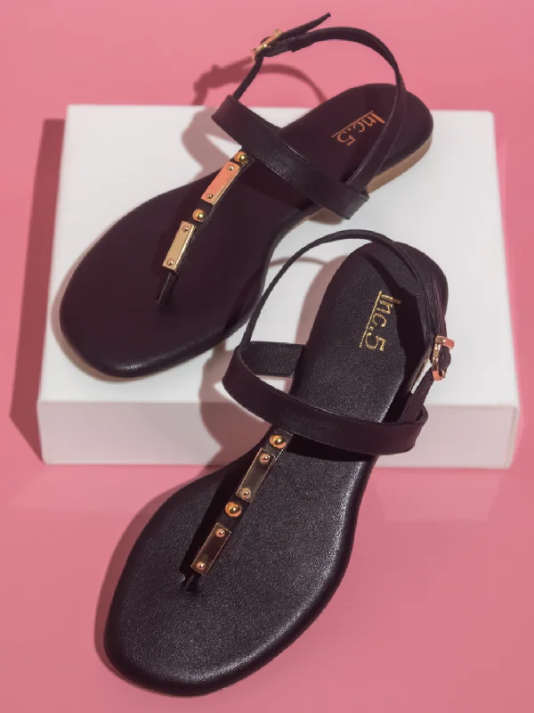 budget flats with ac-Women Black T-Strap Flats With Backstrap