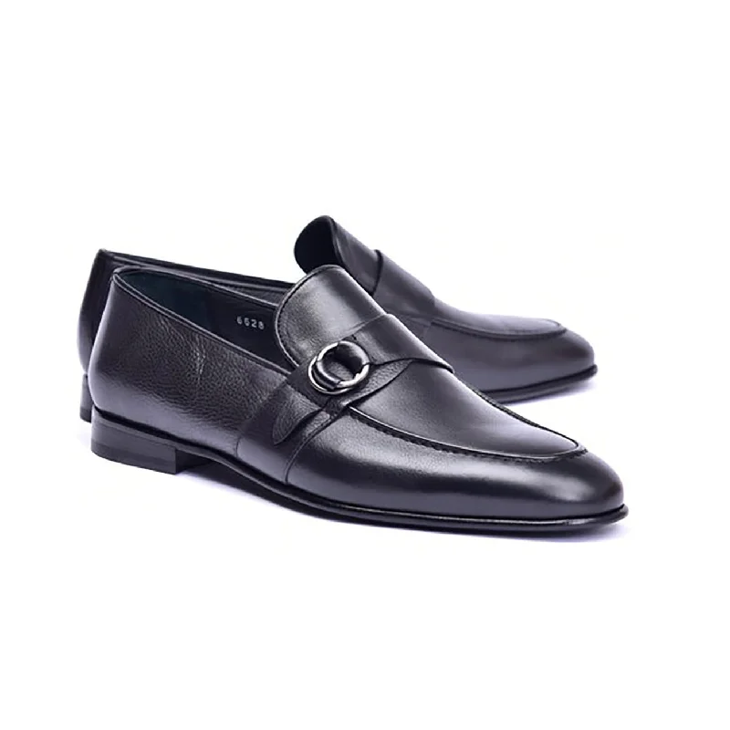 Loafers with cozy collarsCorrente C00102-6628 Men's Shoes Black Calf-Skin Leather Side Buckle Loafers (CRT1478)