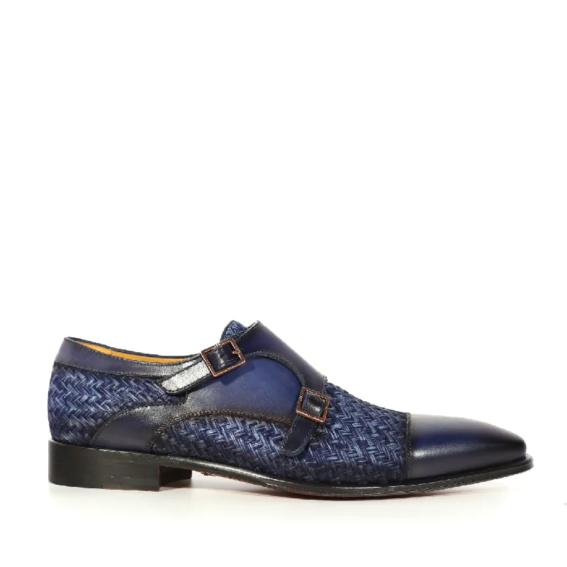 Loafers with high reboundMezlan Palomar 20688 Men's Shoes Blue Fabric / Calf-Skin Leather Dress/ Formal Monk-Straps Loafers (MZS3623)