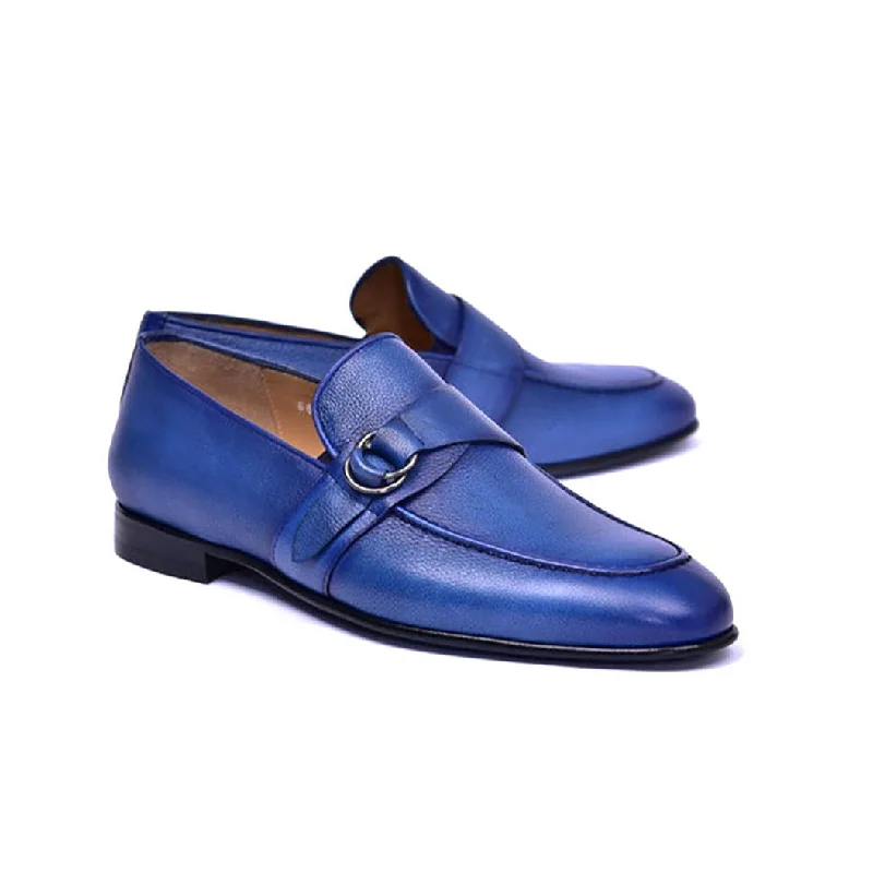 Loafers with supportive archesCorrente C0010 6628 Men's Shoes Blue Calf-Skin Leather Monk-Strap Loafers (CRT1456)