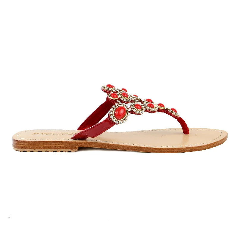 sandals with sleek design-Mystique 4998 Jeweled Flat Sandals - Red - Womens