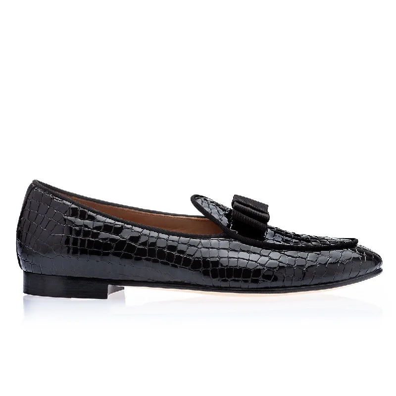 Loafers for easy eleganceSUPERGLAMOUROUS Tangerine 3 Men's Shoes Black Crocodile Print Leather Belgian Loafers (SPGM1312)