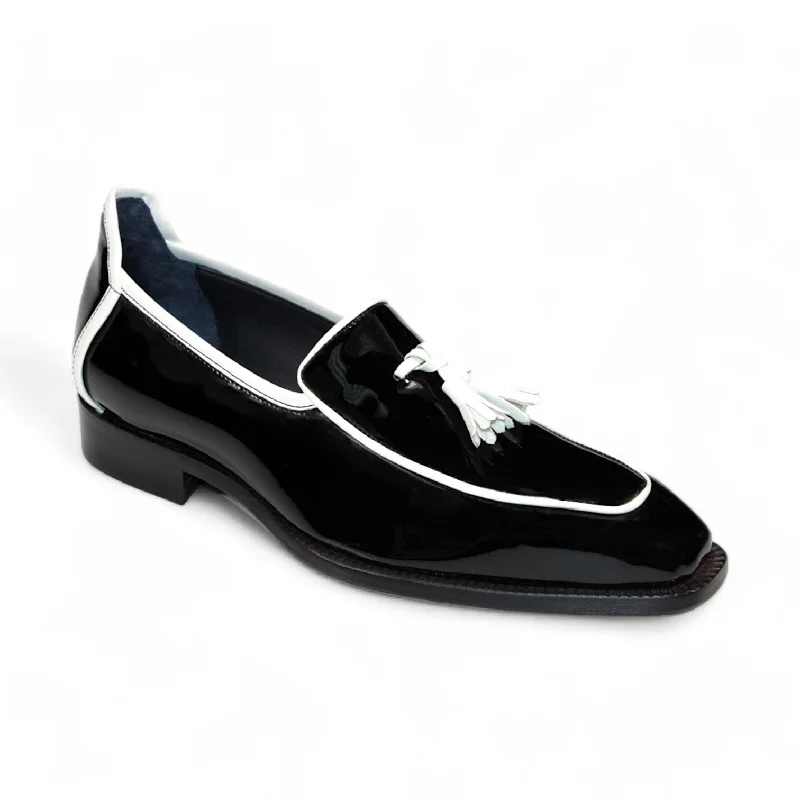 Loafers with firm stitchingDuca Fano Men's Shoes Black/White Patent Leather-Velvet, Leather Lining Formal Loafers (D1140)