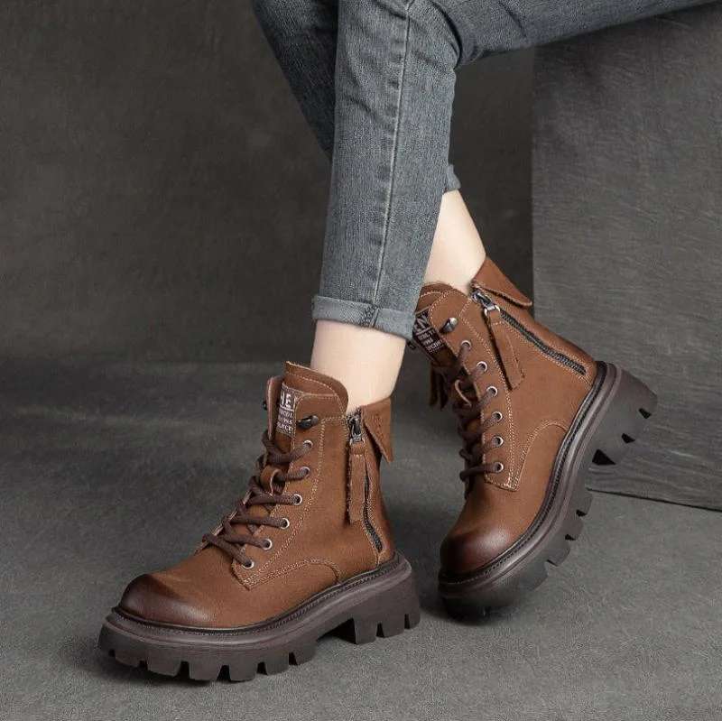 Boots for cool weather-Women Retro Classic Solid Leather Work Casual Boots