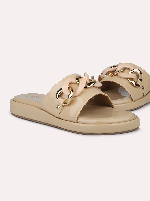 luxury flats with lofts-Women Beige Open Toe Flats With Buckle Details