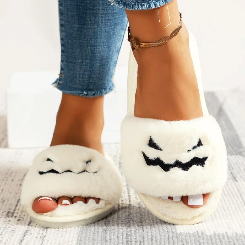 orthopedic slippers for recovery-Faux Fur Open Toe Jack-O'- Lantern Face Slippers White