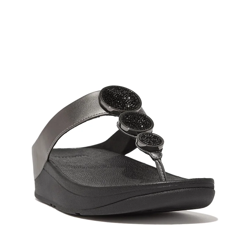 sandals with modern patterns-FitFlop Women's Halo Bead-Circle Metallic Toe-Post Sandals Wedge, Pewter Black