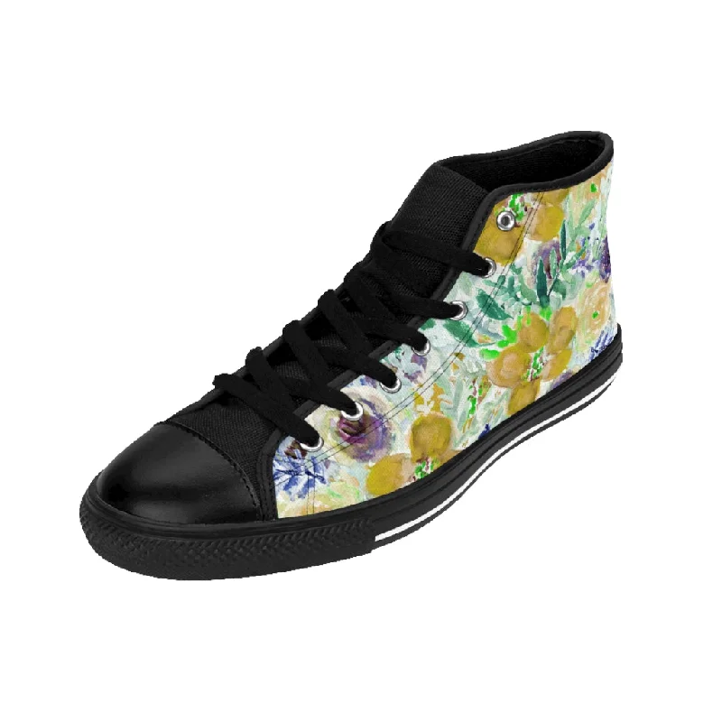 Athletic shoes with slim solesYellow Floral Women's Sneakers, Flower Print Designer High-top Sneakers Tennis Shoes (US Size: 6-12)