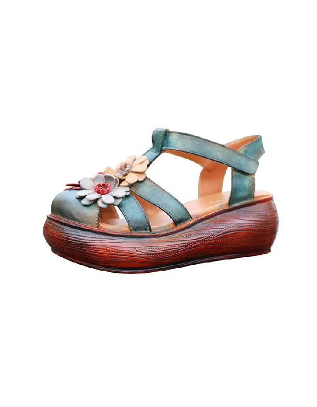 luxury sandals with sparkle-Close Toe Wedge Heel Flower Leather Summer Sandals