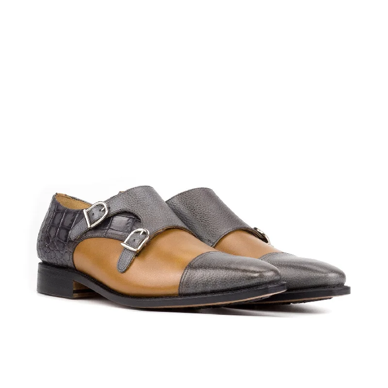 Loafers for heavy wearAmbrogio Bespoke Men's Shoes Cognac & Gray Multi-Materials Monk-Straps Loafers (AMB2442)