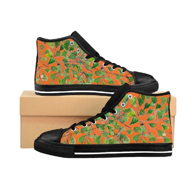 Athletic shoes with airy fabricOrange Fern Men's High-top Sneakers, Green Maidenhair Leaf Designer Tennis Running Shoes