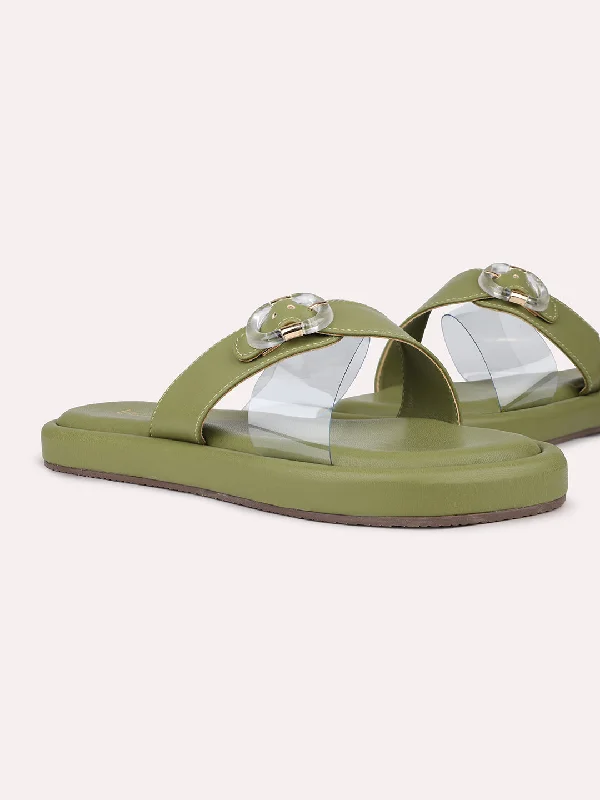 flats with green spaces-Womens Green Casual Transparent Round Toe Casual Flats