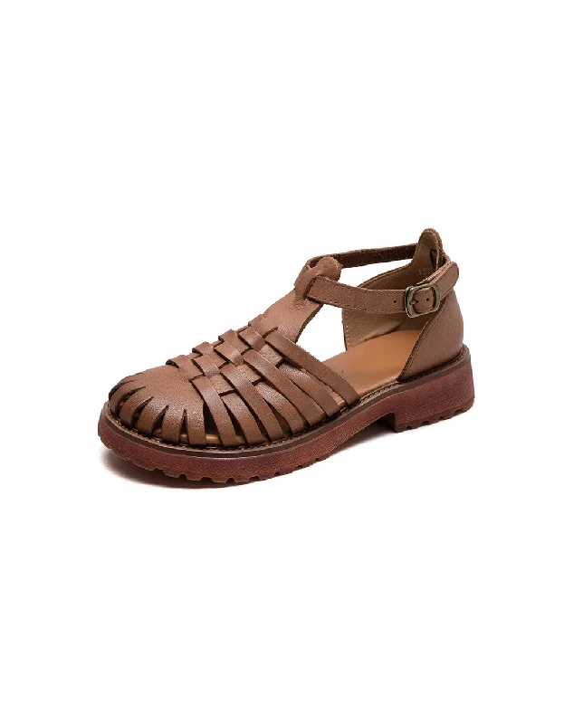 luxury sandals with detailing-Genuine Leather Hollow Breathable Woven Fishermen Sandals