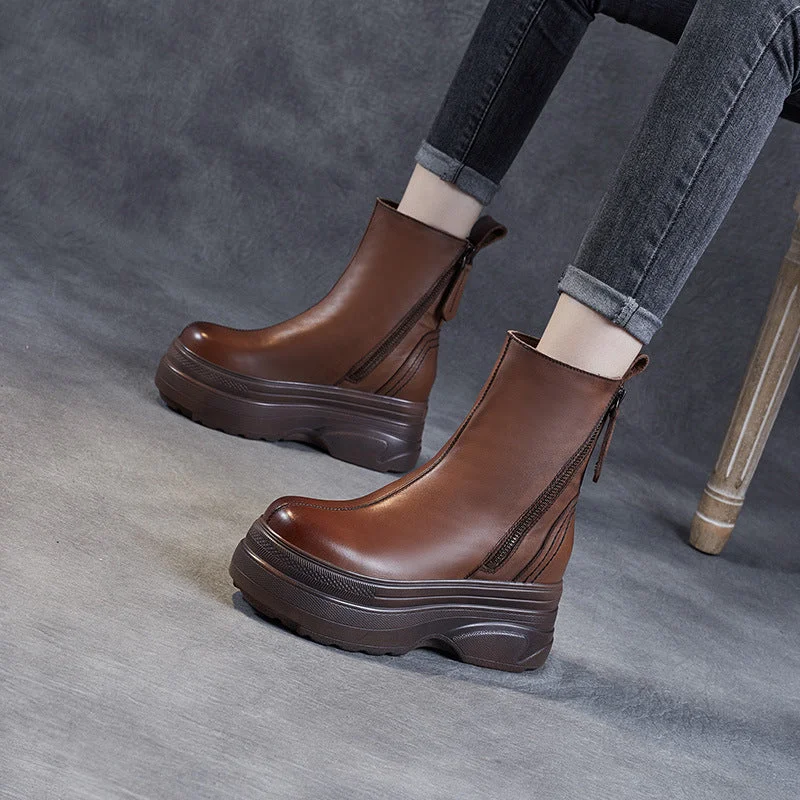 Boots with breathable lining-Women Solid Leather Retro Chunky Platform Boots