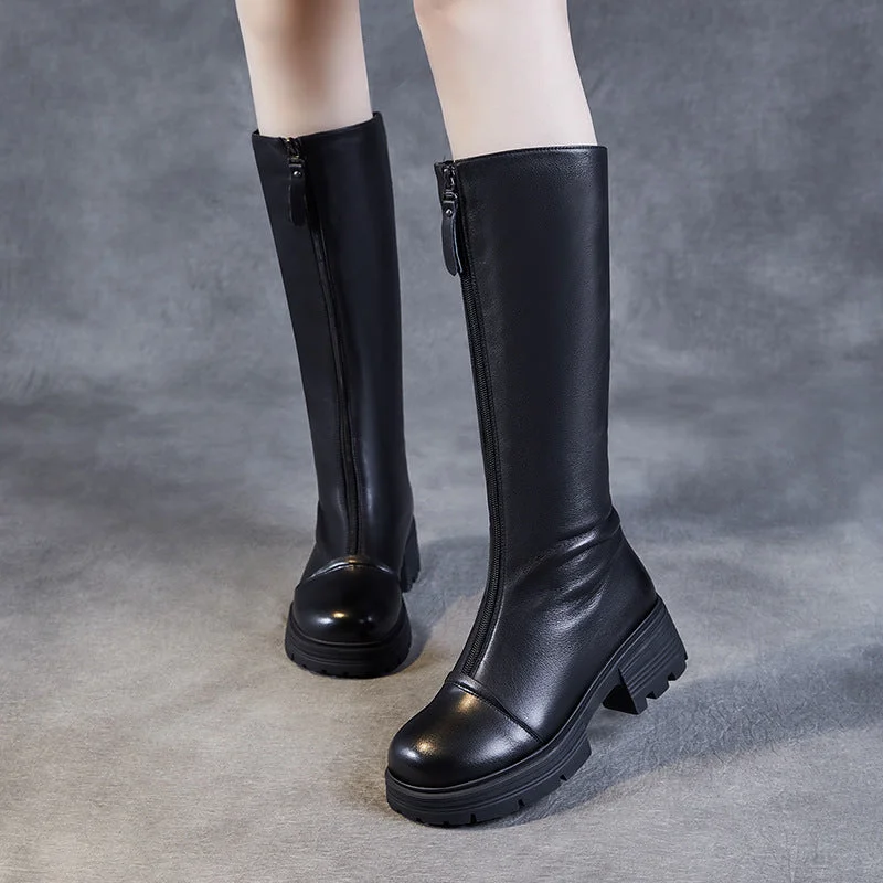 Boots with sturdy heels-Women's Solid Leather Knee High Riding Boots