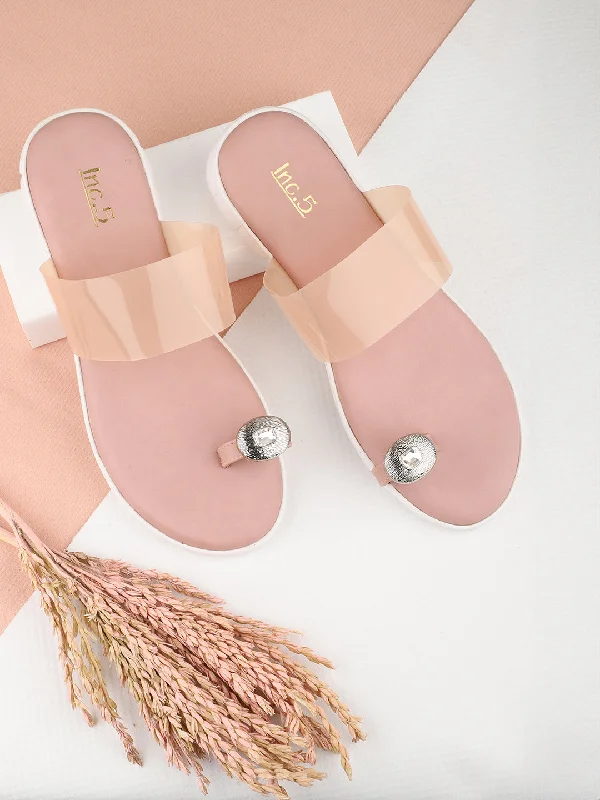 flats with keyless entry-Women Peach Transparent One Toe Flats