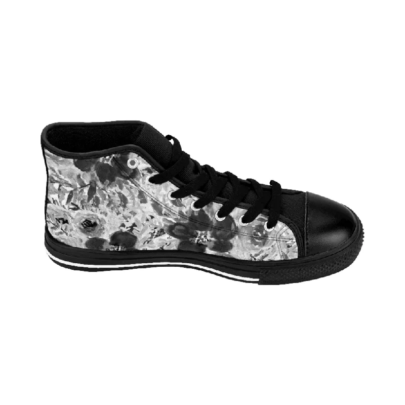 Athletic shoes with high gripGrey Floral Women's Sneakers, Flower Print Designer High-top Sneakers Tennis Shoes (US Size: 6-12)