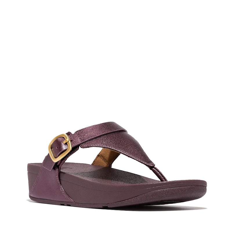 sandals near shoe stores-FitFlop Women's Lulu Adjustable-Buckle Leather Toe-Post Sandals Wedge, Metallic Mauve Wine