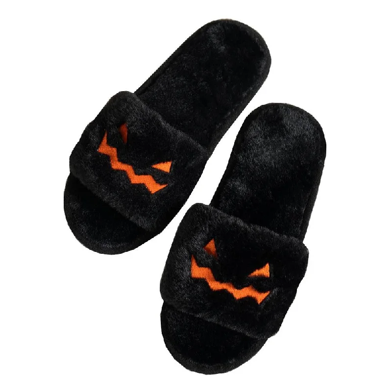 plush slippers with fluff-Faux Fur Open Toe Jack-O'- Lantern Face Slippers Black