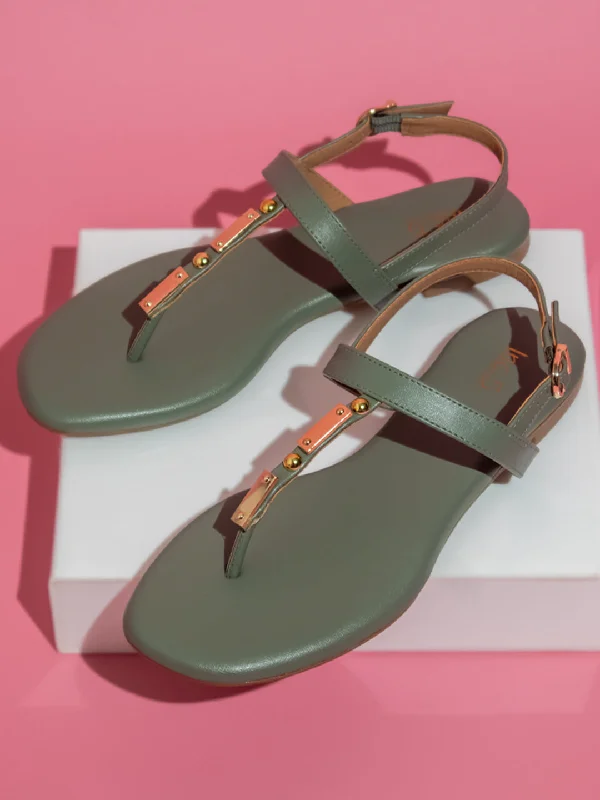 luxury flats with terraces-Women Green T-Strap Flats With Backstrap