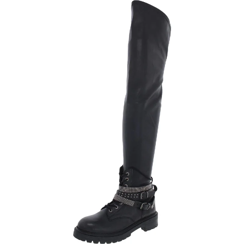 Boots for foot snap-Steve Madden Womens Bronte Leather Rhinestone Thigh-High Boots