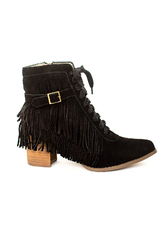 Boots with soft leather-Nika Leather Fringe Boot in Black