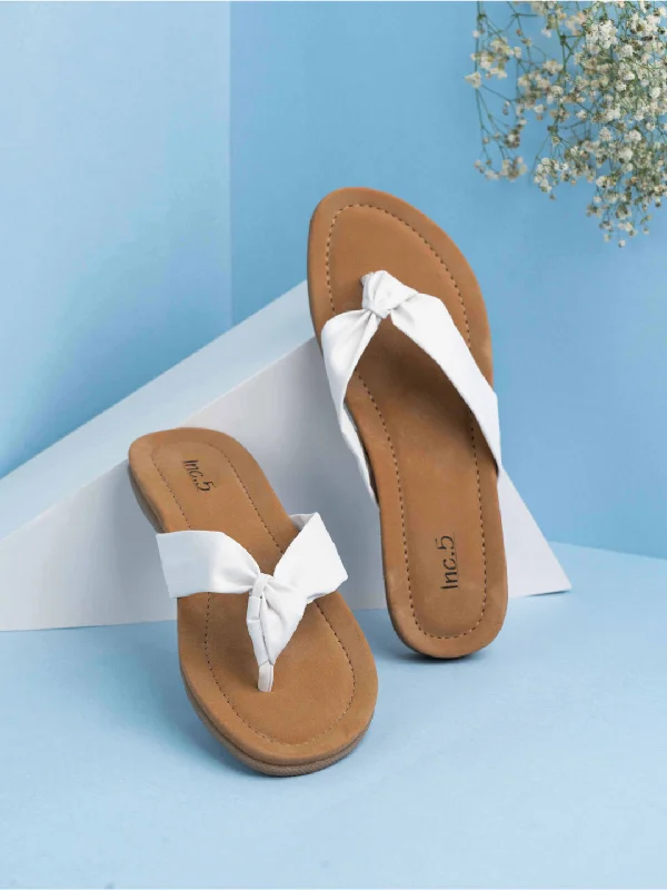 new flats near downtown-Womens White Ethnic Solid T-Strap Slip-On Flats