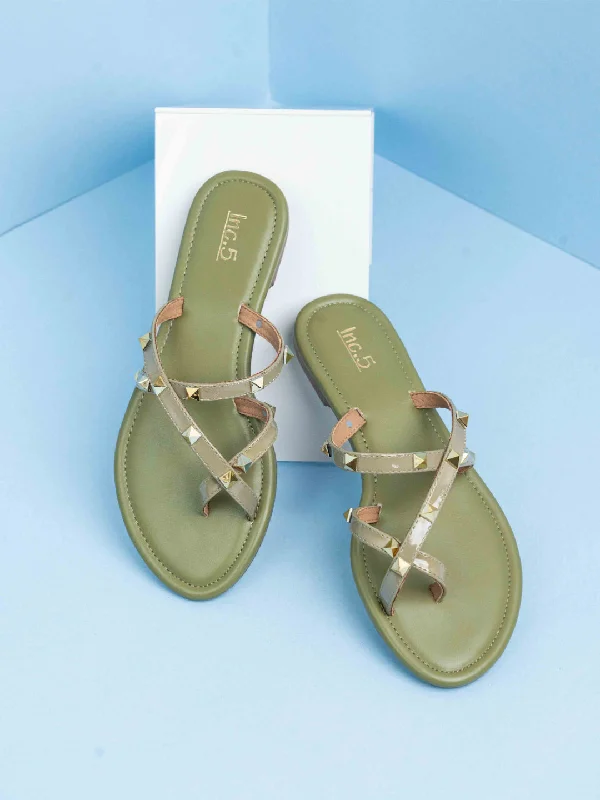 modern flats with charm-Womens Green Casual Strappy Open Toe Flats