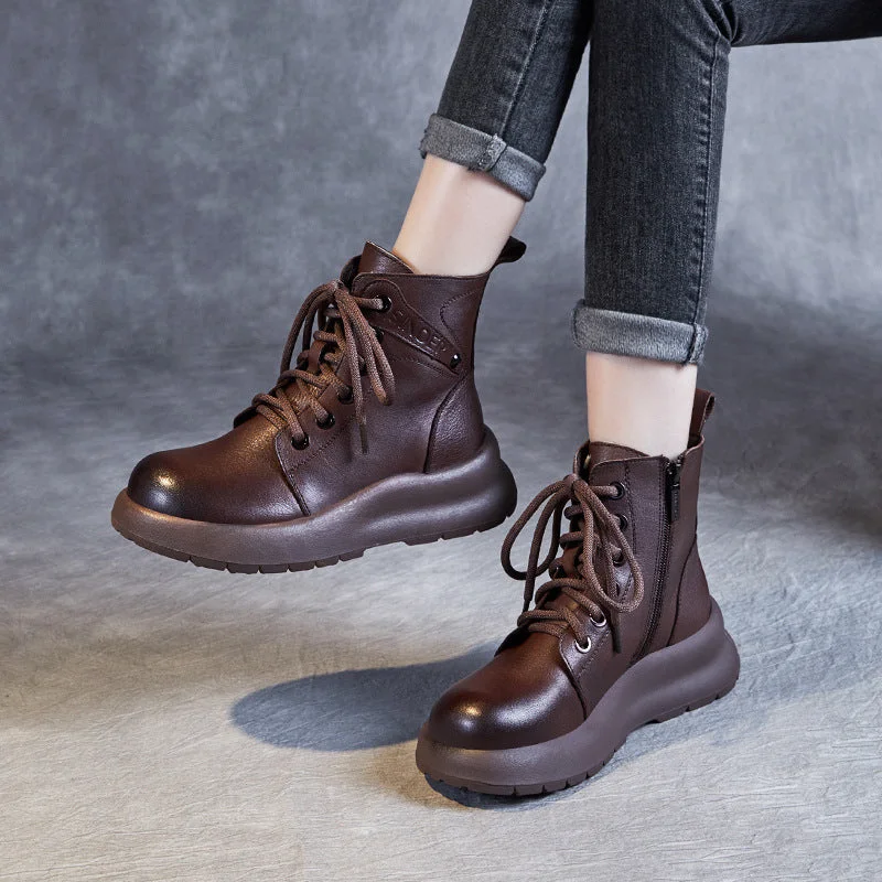 Boots for casual outings-Women Retro Leather Thick Soled Casual Boots