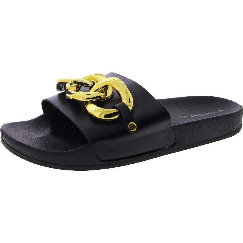 cozy sandals with warmth-Streetwear Society Womens Faux Leather Embellished Slide Sandals