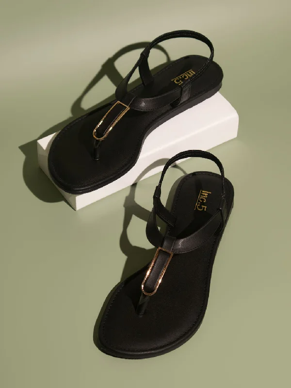 modern flats with views-Women Black T-Strap Flats with Buckles